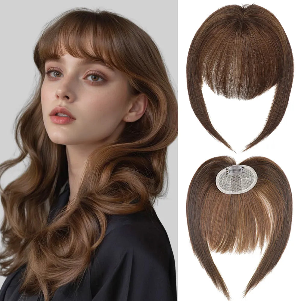 Model Wearing (#4) Chocolate Brown Clip In Bangs 