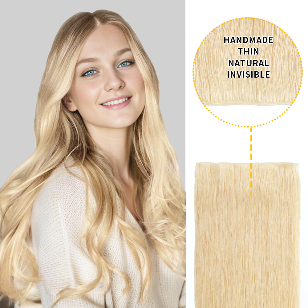 Model Showcasing (#613) Bleach Blonde Genius Wefts, Handmade, Thin, and Natural
