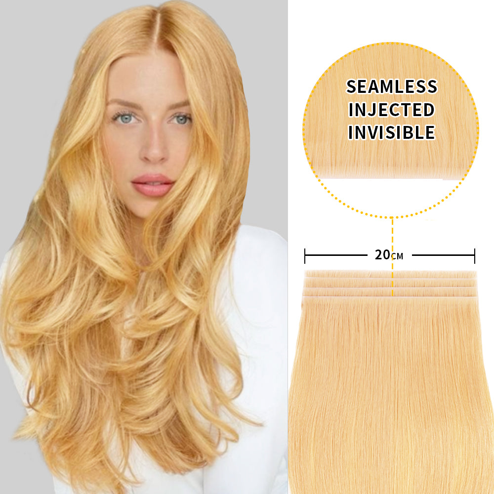 Model Showcase Wearing (#27) Strawberry Blonde Tape Weft Hair Extensions