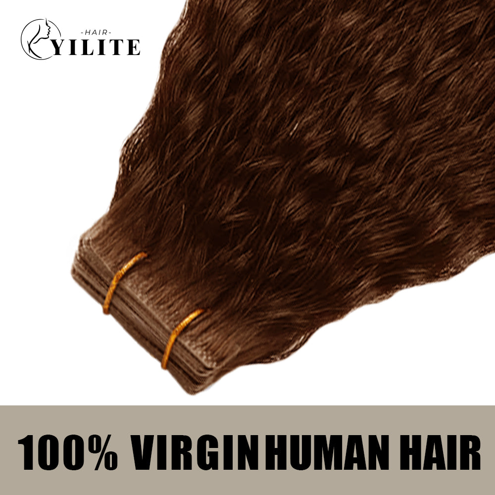 (#4) Chocolate Brown Kinky Straight Invisible Tape Ins 20Pcs Virgin Human Hair