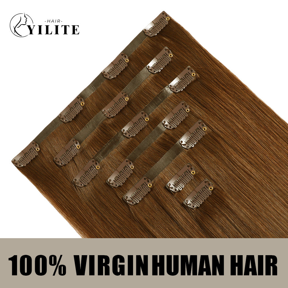 Back View of Seamless Clip Ins 7Pcs 16 Clips Virgin Human Hair (#6) Chestnut Brown