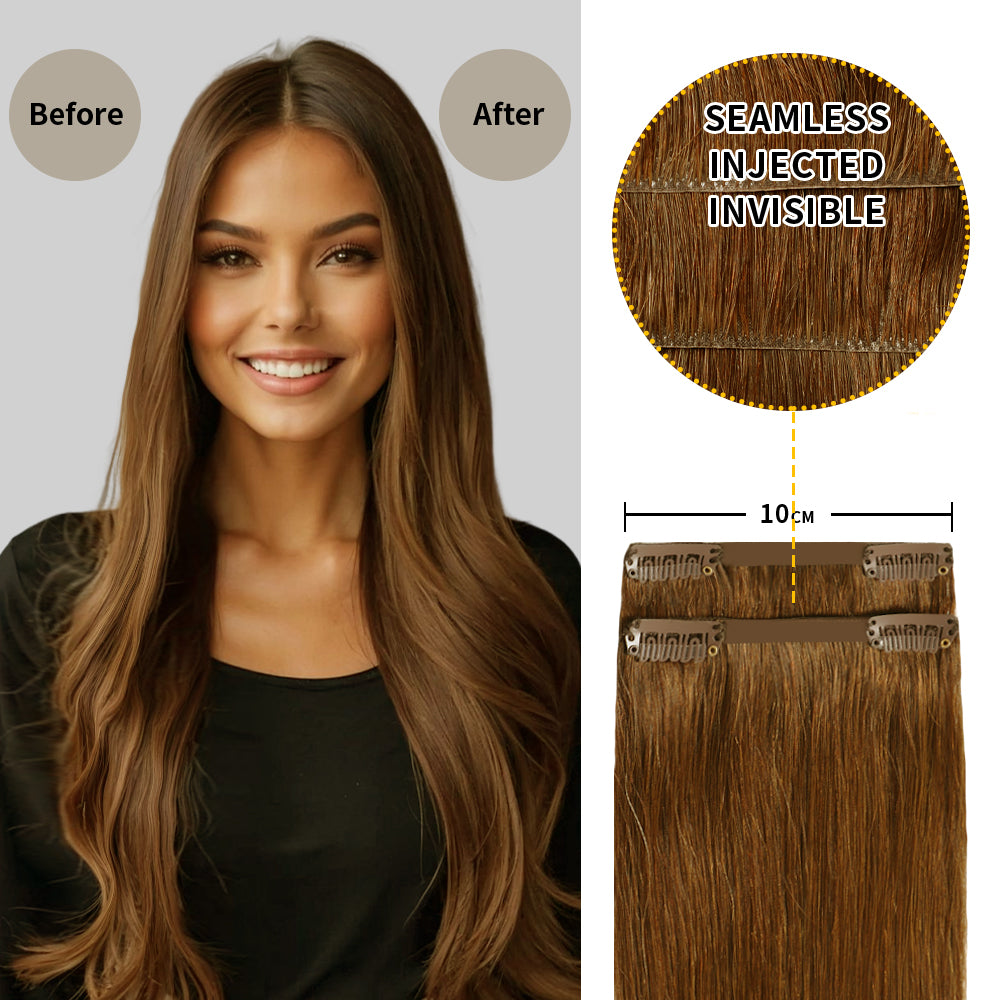 Before and After Wearing (#6) Chestnut Brown Seamless Clip In Hair Pads, 10cm Wide Piece