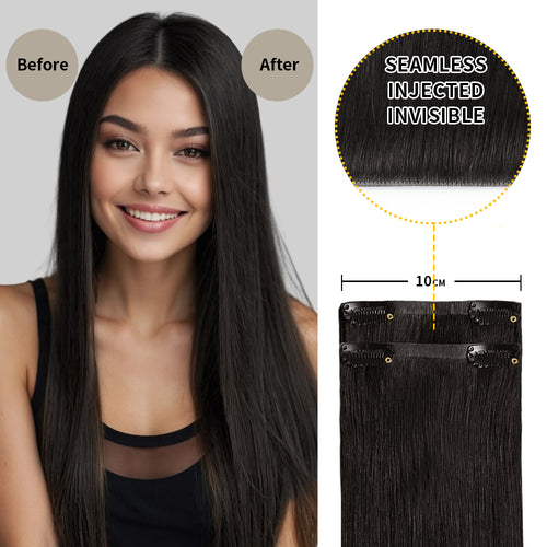 Before and After Wearing (#1B) Natural Black Seamless Clip In Hair Pads, 10cm Wide Piece