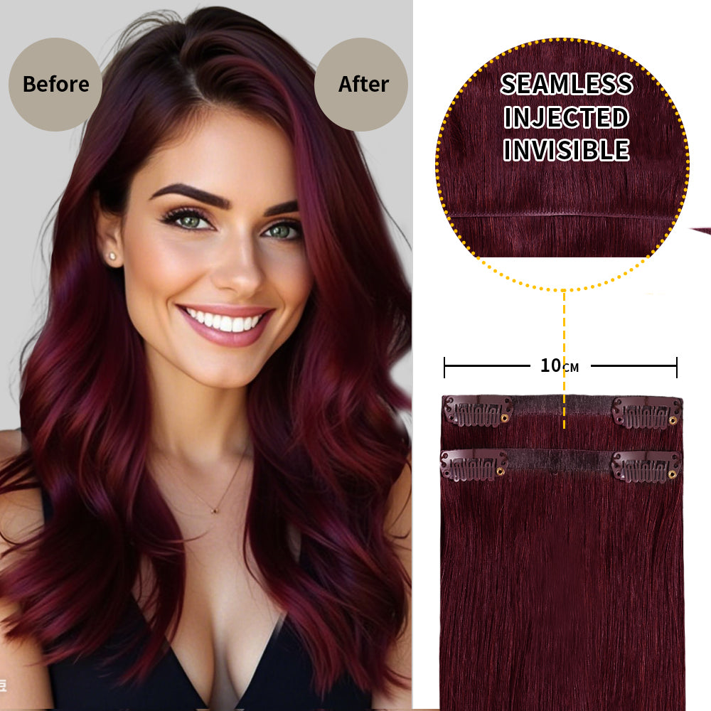 Before and After Wearing (#99J) Burgundy Seamless Clip In Hair Pads, 10cm Wide Piece