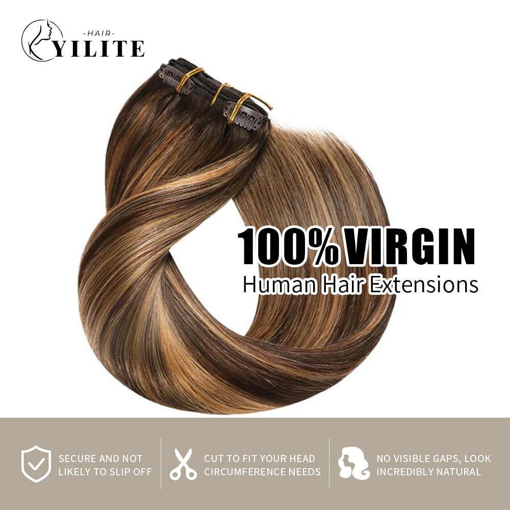Virgin Human Hair (#P4/27/T4) Chocolate Brown to Caramel Blonde Classic Clip Ins