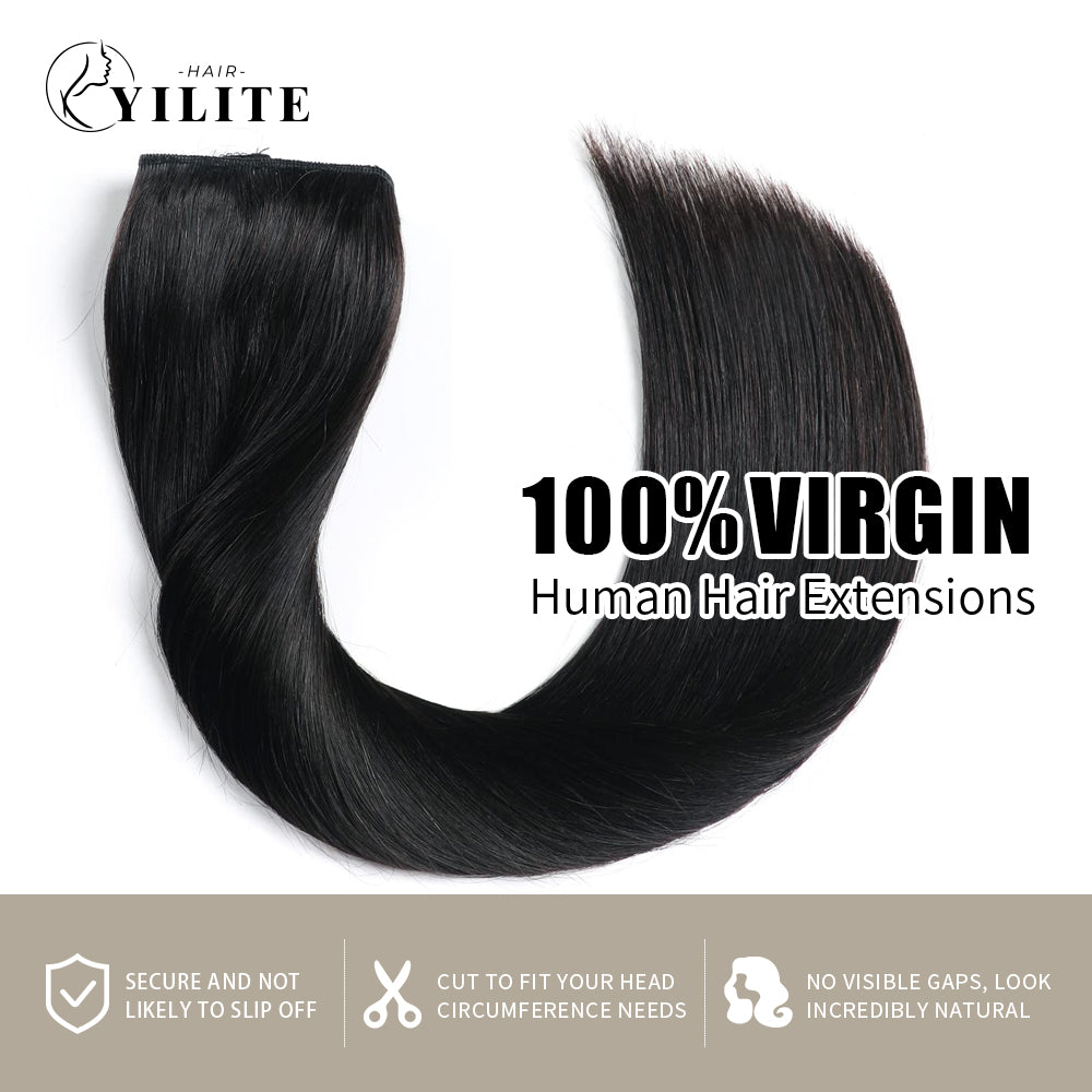 (#1) Jet Black Invisible Wire Hair Extensions 100% Virgin Human Hair 