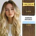 Model Wearing (#T8/60) Light Brown to Platinum Blonde Narrow Mini Tape In Hair Extensions 