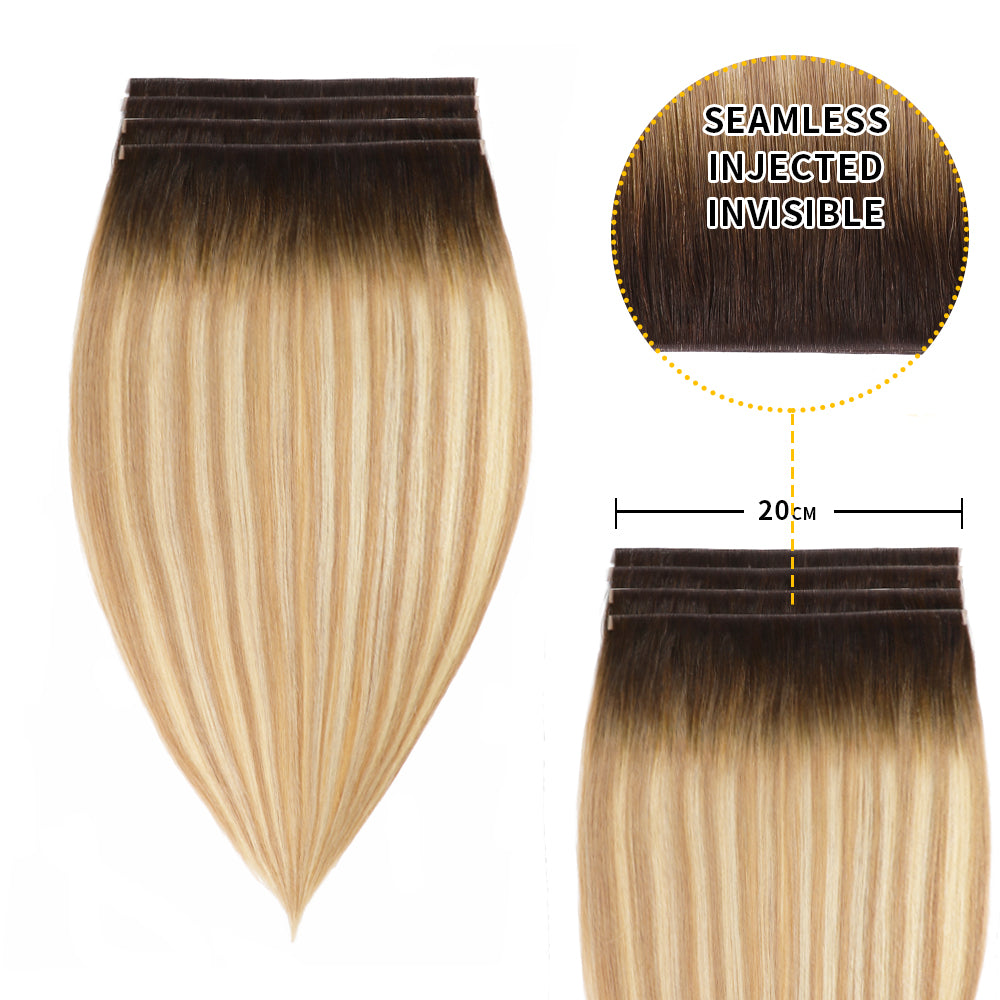 (#T2/P18/60) Darkest Brown with Ash Blonde Balayage Tape Weft Hair Extensions 20CM 4Pcs