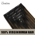 Back View of Seamless Clip Ins 7Pcs 16 Clips Virgin Human Hair (#P1B/6/T1B) Natural Black Balayage