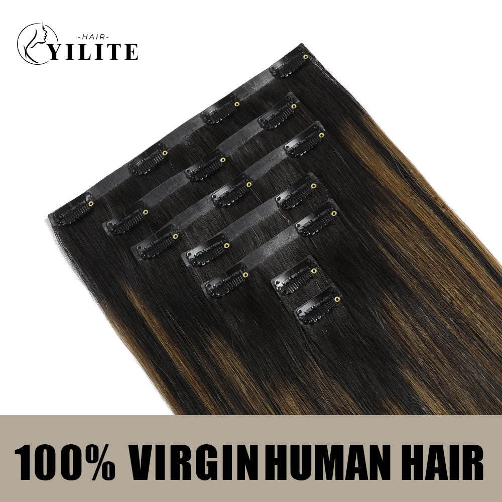 Back View of Seamless Clip Ins 7Pcs 16 Clips Virgin Human Hair (#P1B/6/T1B) Natural Black Balayage