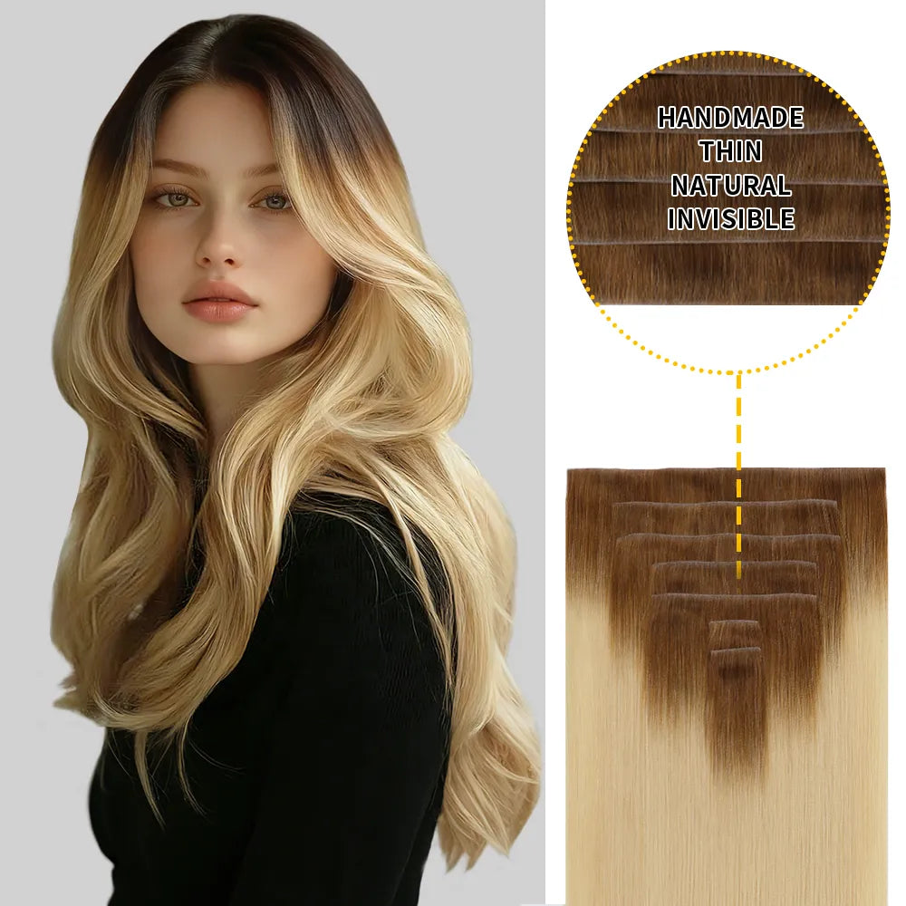 Model Wearing Seamless Clip Ins 7Pcs 16 Clips (#T8/60) Light Brown to Platinum Blonde