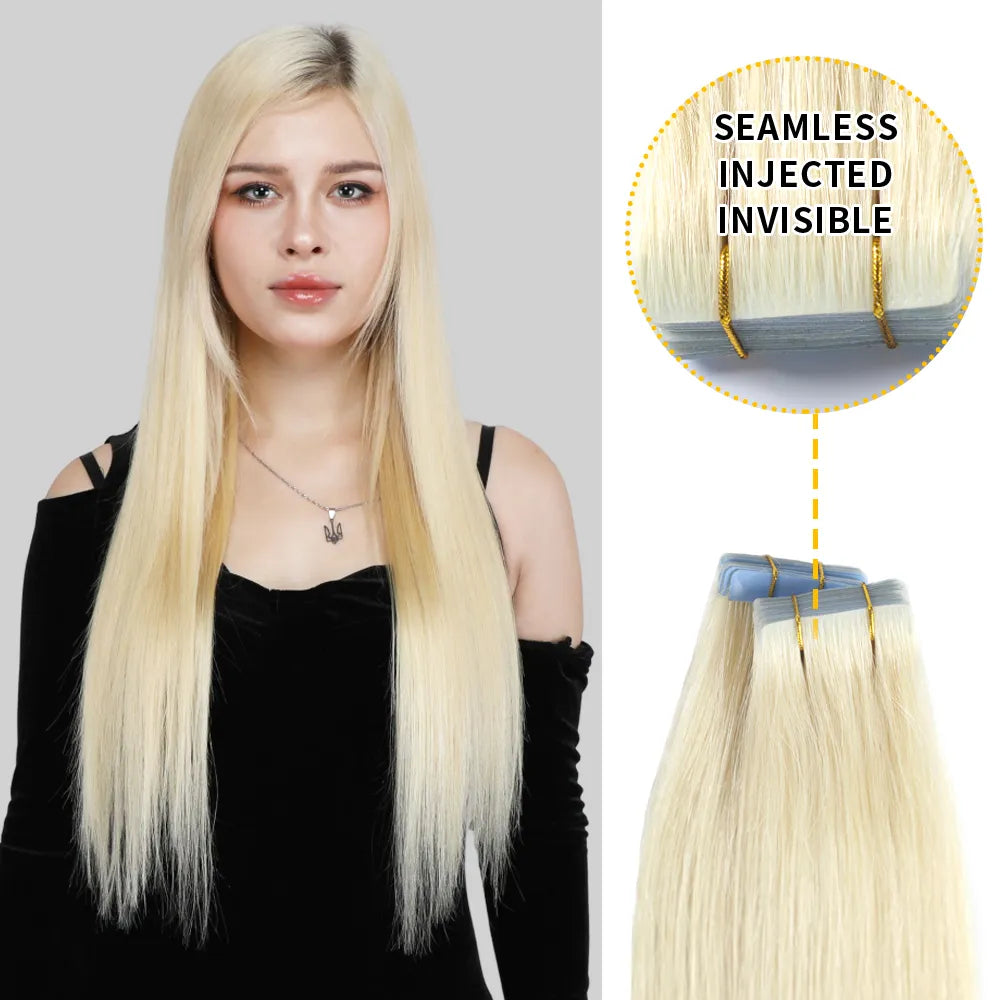 Model Wearing (#60) Platinum Blonde Tape Weft Hair Extensions