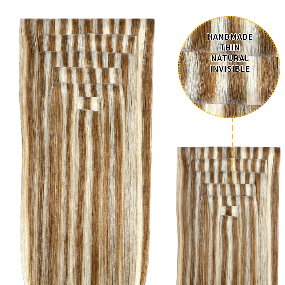 YiliteVip (#P8/60) Light Brown with Blonde Balayage Seamless Clip Ins 7Pcs