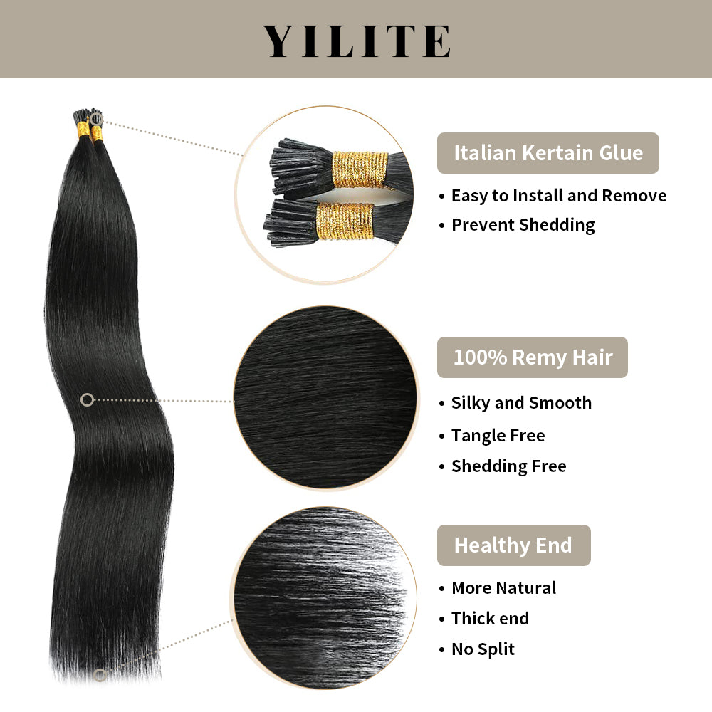 (#1) Jet Black I Tip Extensions with Italian Keratin Glue, 100% Virgin Hair, Healthy Ends
