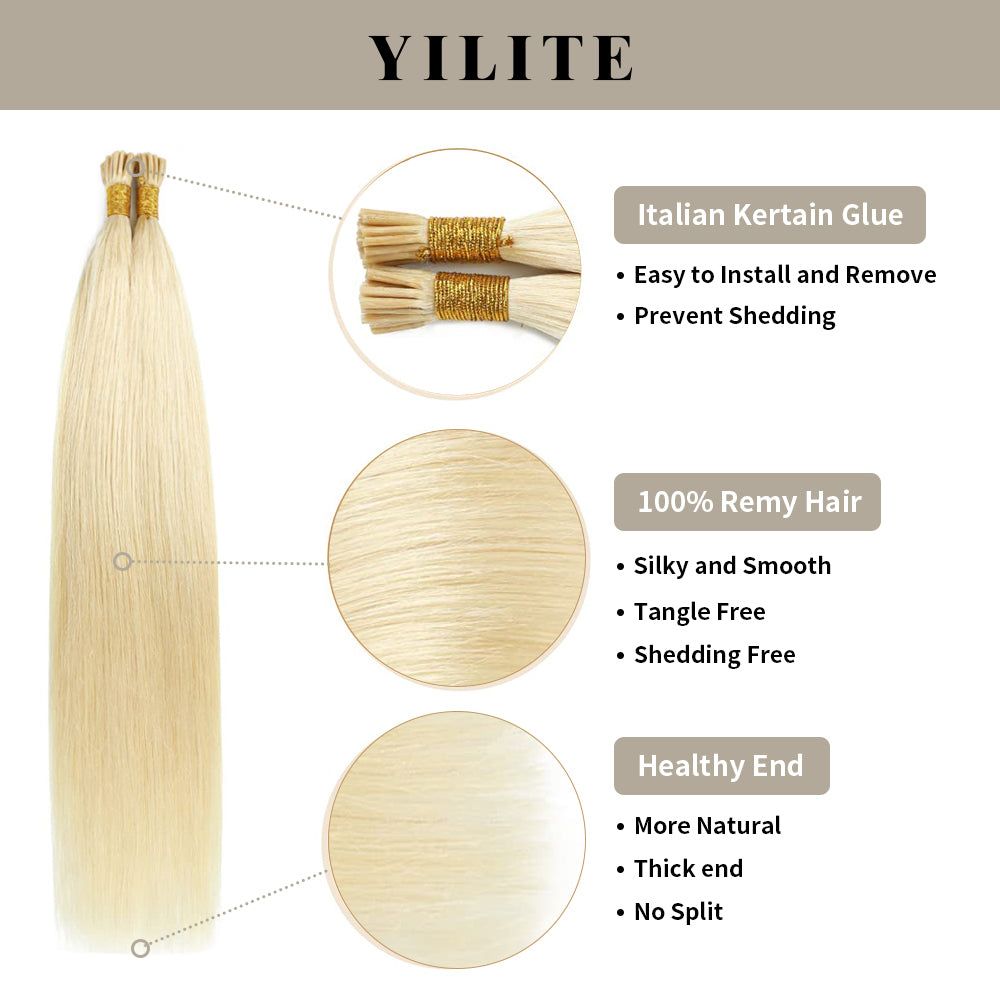 (#60) Platinum Blonde I Tip Extensions with Italian Keratin Glue, 100% Virgin Hair, Healthy Ends
