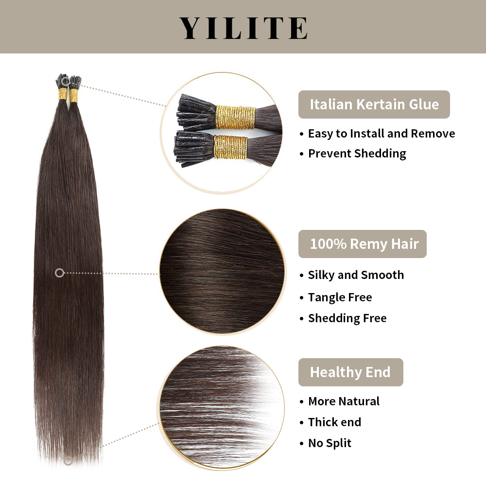 (#2) Darkest Brown U Tip Hair Extensions with Italian Keratin Glue, 100% Virgin Hair, Healthy Ends