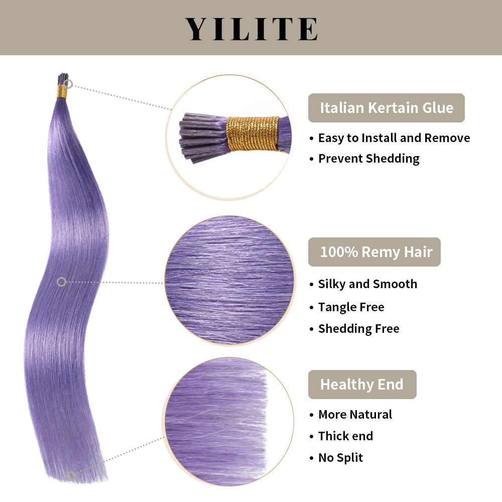 Rose Purple I Tip Extensions with Italian Keratin Glue, 100% Virgin Hair, Healthy Ends