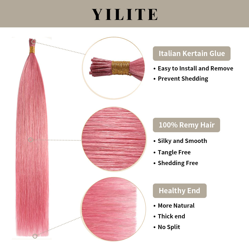 Hot Pink I Tip Extensions with Italian Keratin Glue, 100% Virgin Hair, Healthy Ends
