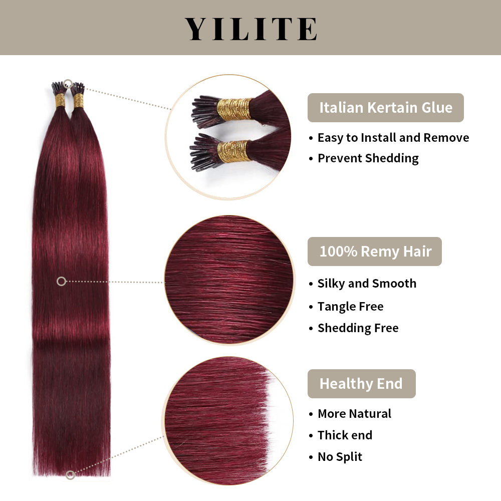 (#99J) Burgundy I Tip Extensions with Italian Keratin Glue, 100% Virgin Hair, Healthy Ends
