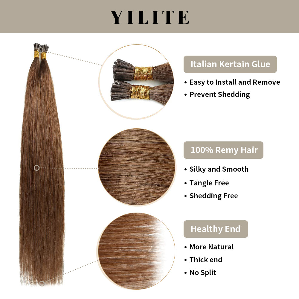 (#6) Chestnut Brown I Tip Extensions with Italian Keratin Glue, 100% Virgin Hair, Healthy Ends