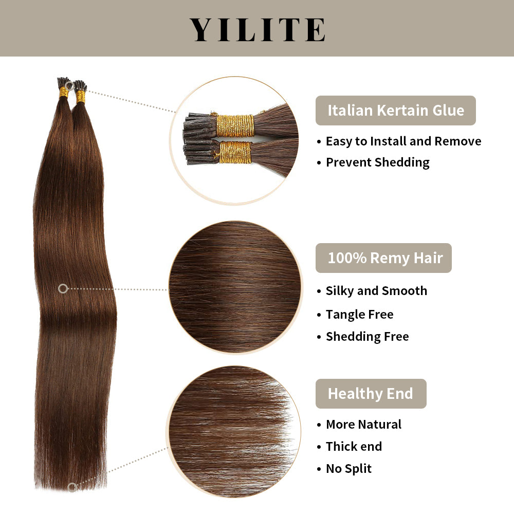 (#4) Chocolate Brown I Tip Extensions with Italian Keratin Glue, 100% Virgin Hair, Healthy Ends