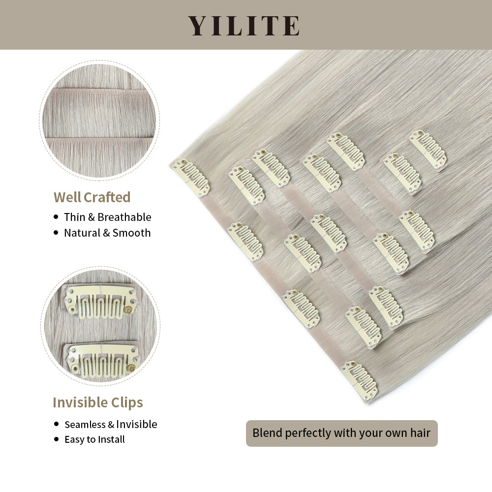 Silver Seamless Clip Ins 7Pcs with Front View Thumbnail and Close-Up of Clips 