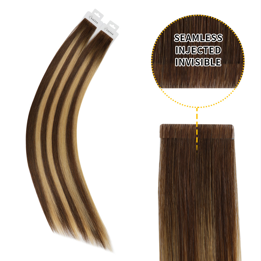 YiliteVip (#P4/27/T4) Chocolate Brown to Caramel Blonde Invisible Tape In Extensions 20Pcs