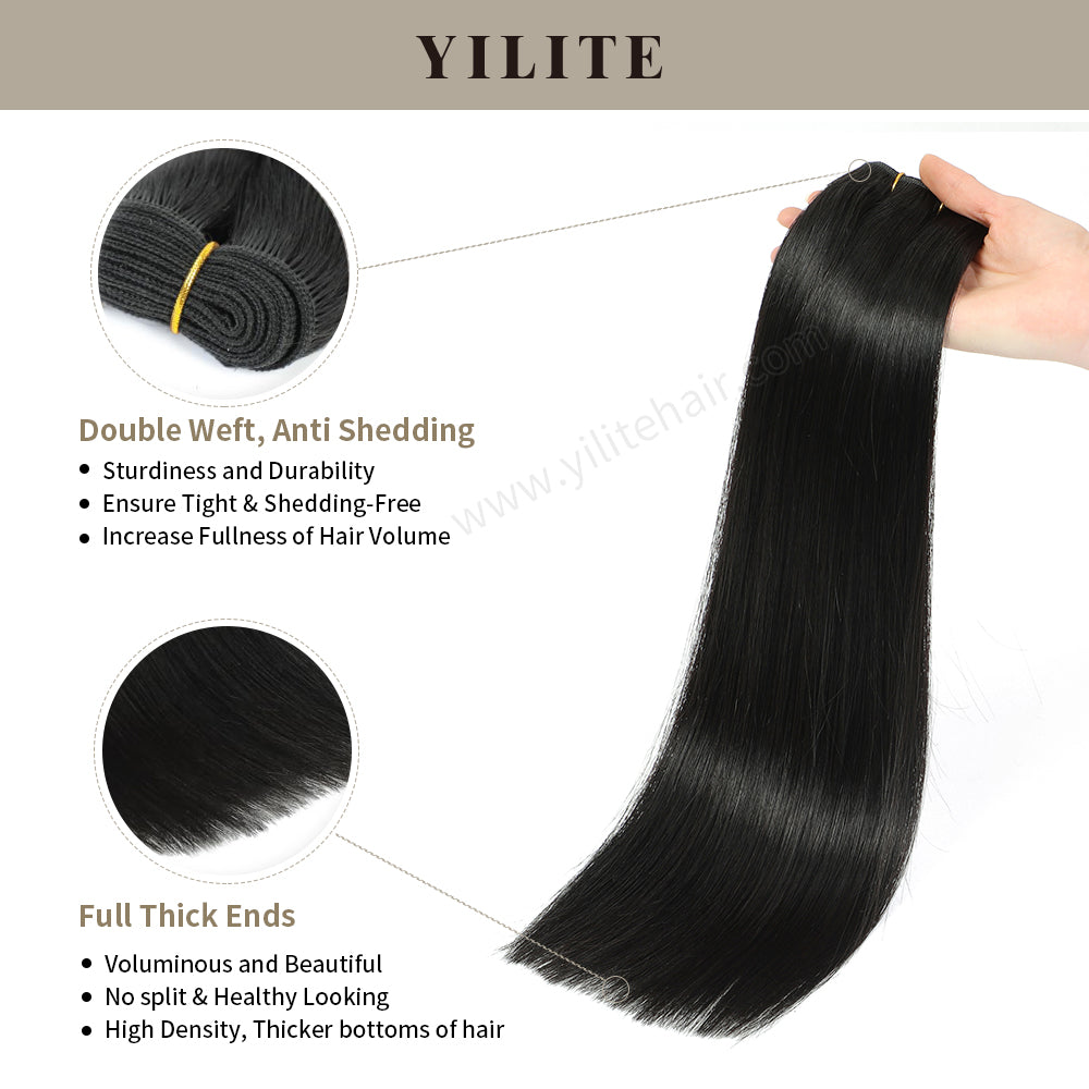 (#1B) Natural Black Double Weft Extensions: Anti-Shedding, High-Density with Thick Ends