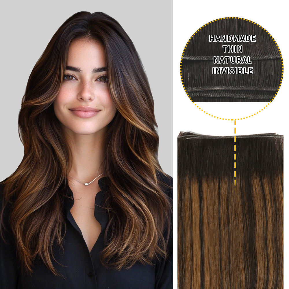 Model Showcasing (#P1B/6/T1B) Natural Black Balayage Genius Wefts, Handmade, Thin, and Natural 