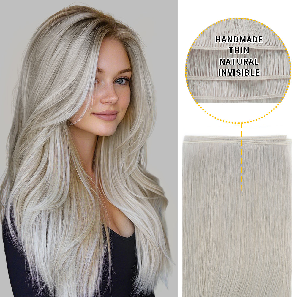 Model Showcasing Silver Genius Wefts, Handmade, Thin, and Natural 
