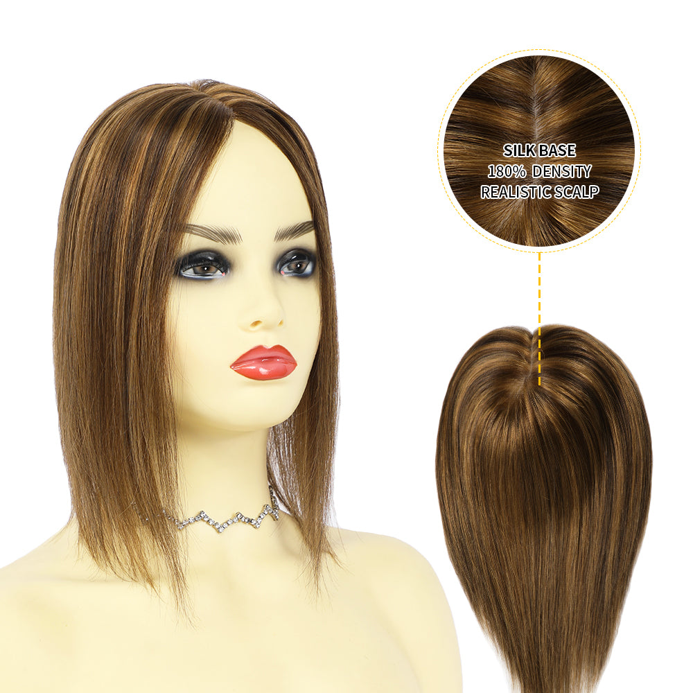 Model Showcasing (#P10/4) Golden Brown Chocolate Brown Clip In Hair Toppers for Women