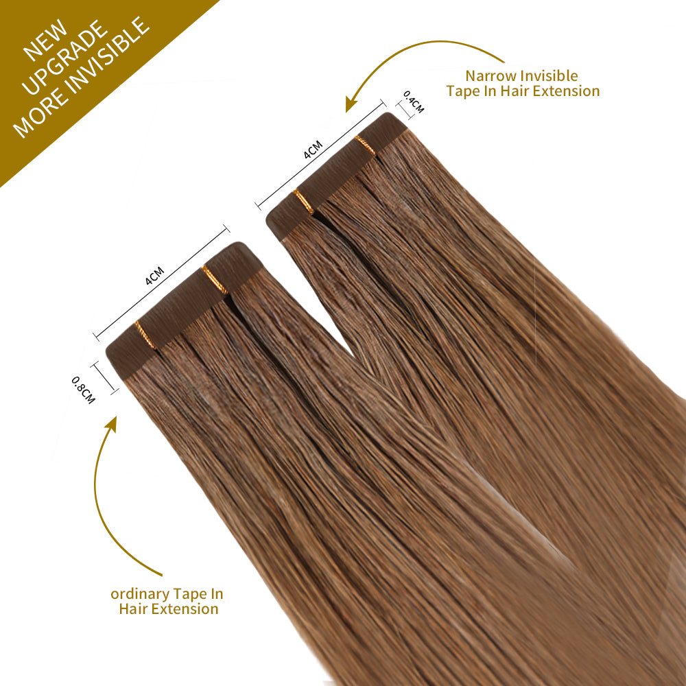 Comparison of Narrow Mini Tape In Hair Extensions vs Ordinary Tape In Extensions (#6) Chestnut Brown
