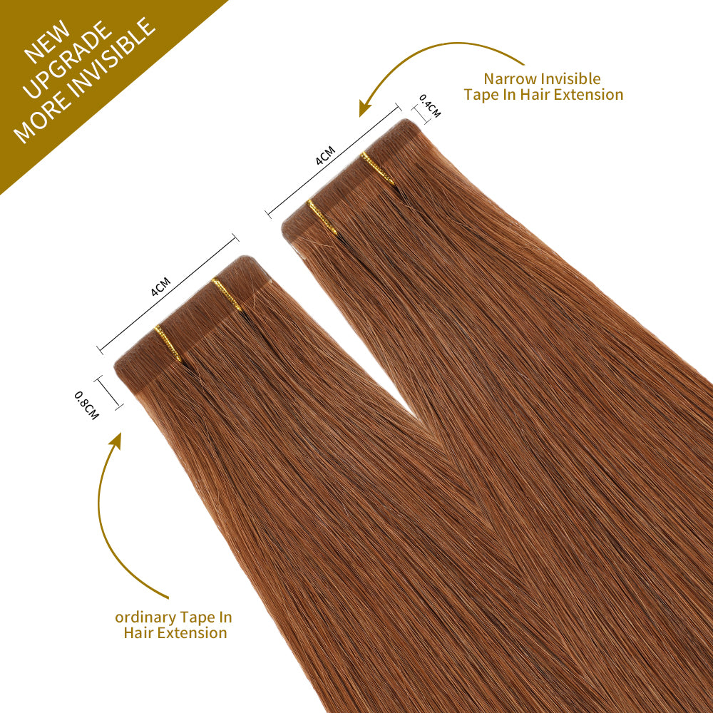 Comparison of (#33) Dark Auburn Narrow Mini Tape In Hair Extensions vs Ordinary Tape In Extensions 