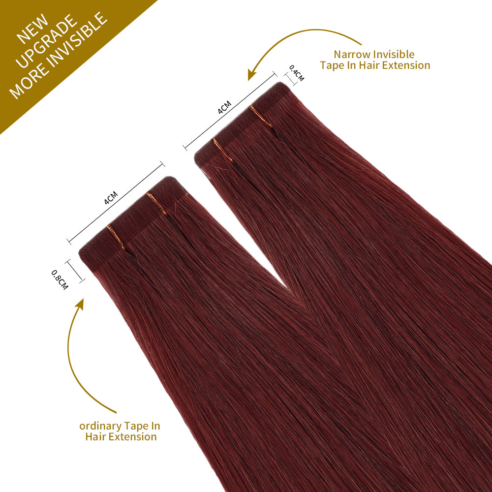 Comparison of Narrow Mini Tape In Hair Extensions vs Ordinary Tape In Extensions (#99J) Burgundy