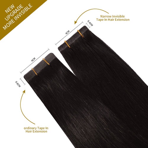 Comparison of Narrow Mini Tape In Hair Extensions vs Ordinary Tape In Extensions (#1B) Natural Black