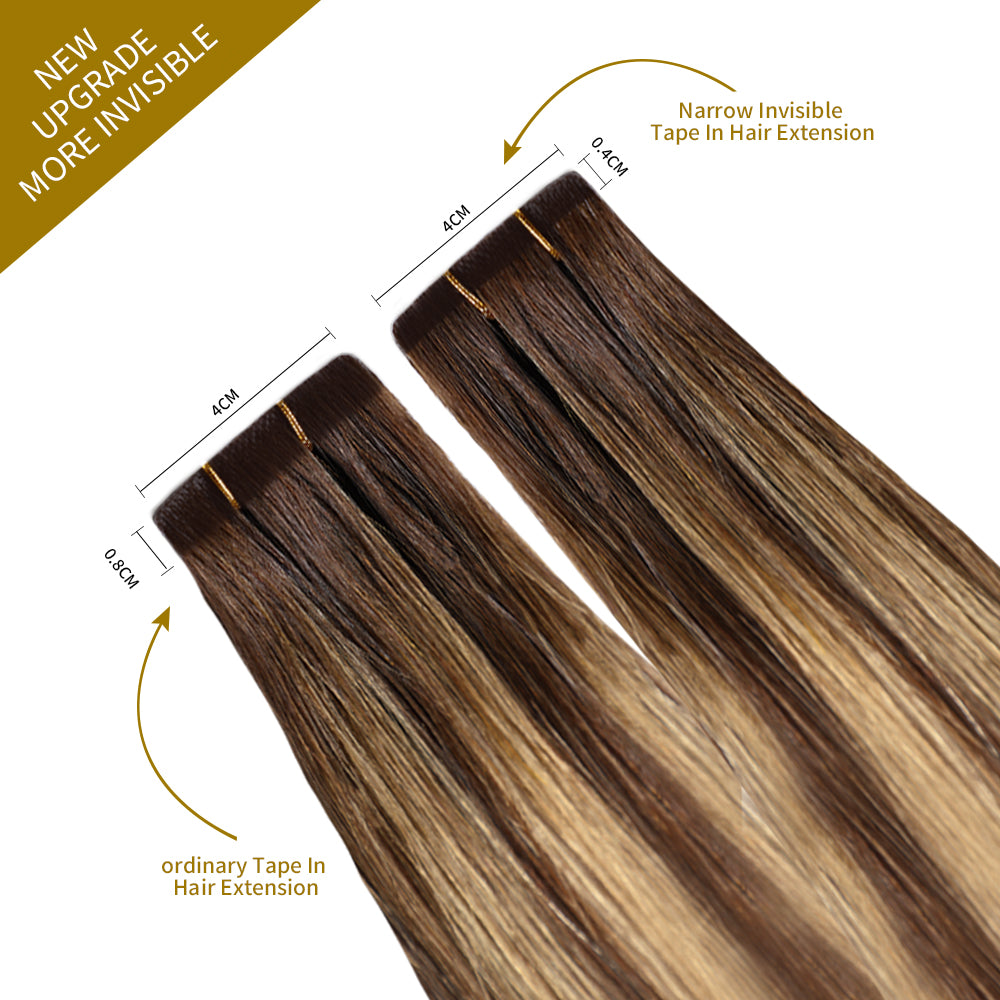 Comparison of Narrow Mini Tape In Hair Extensions vs Ordinary Tape In Extensions (#P4/27/T4) 