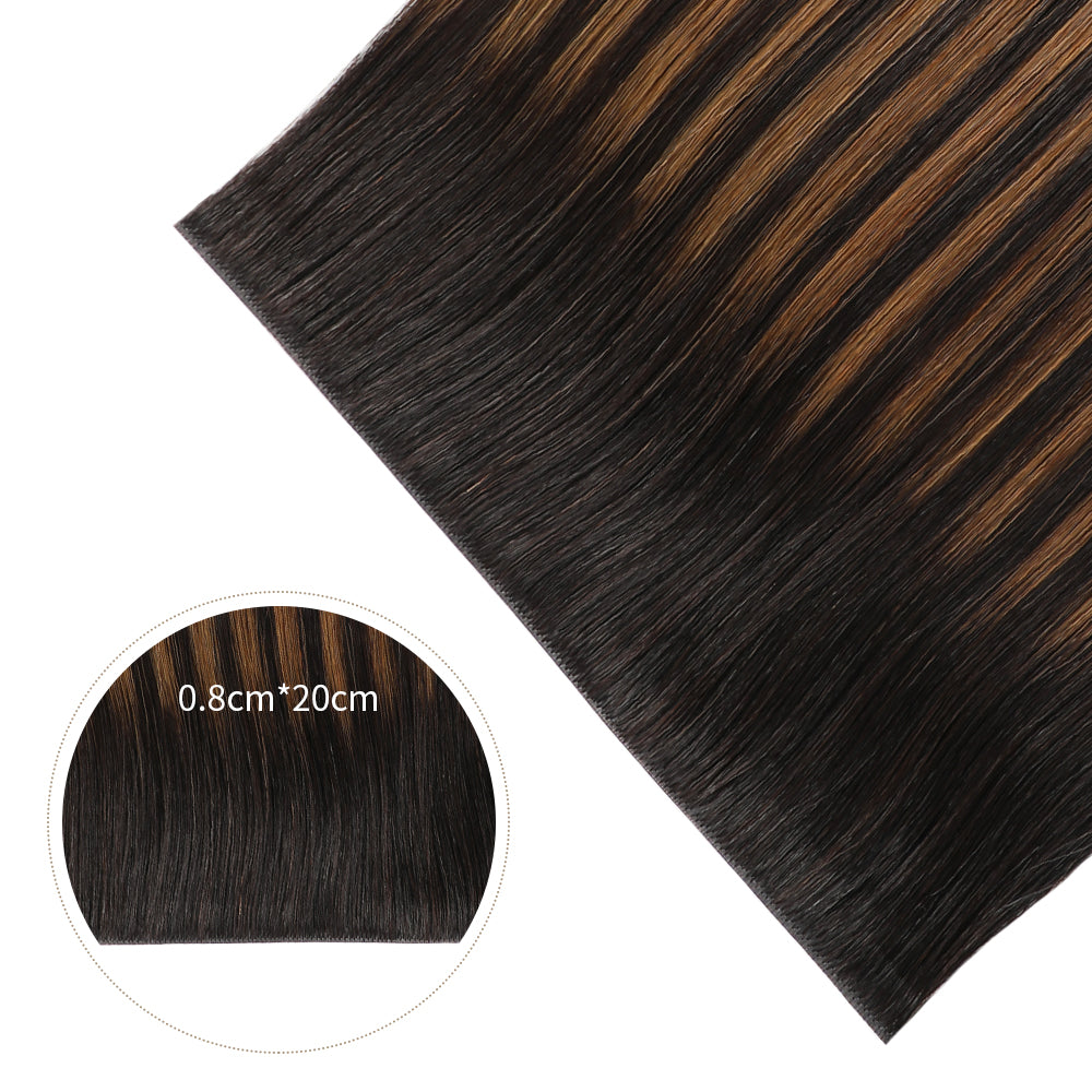 Close-up of (#P1B/6/T1B) Natural Black Balayage Tape Weft Hair Extensions
