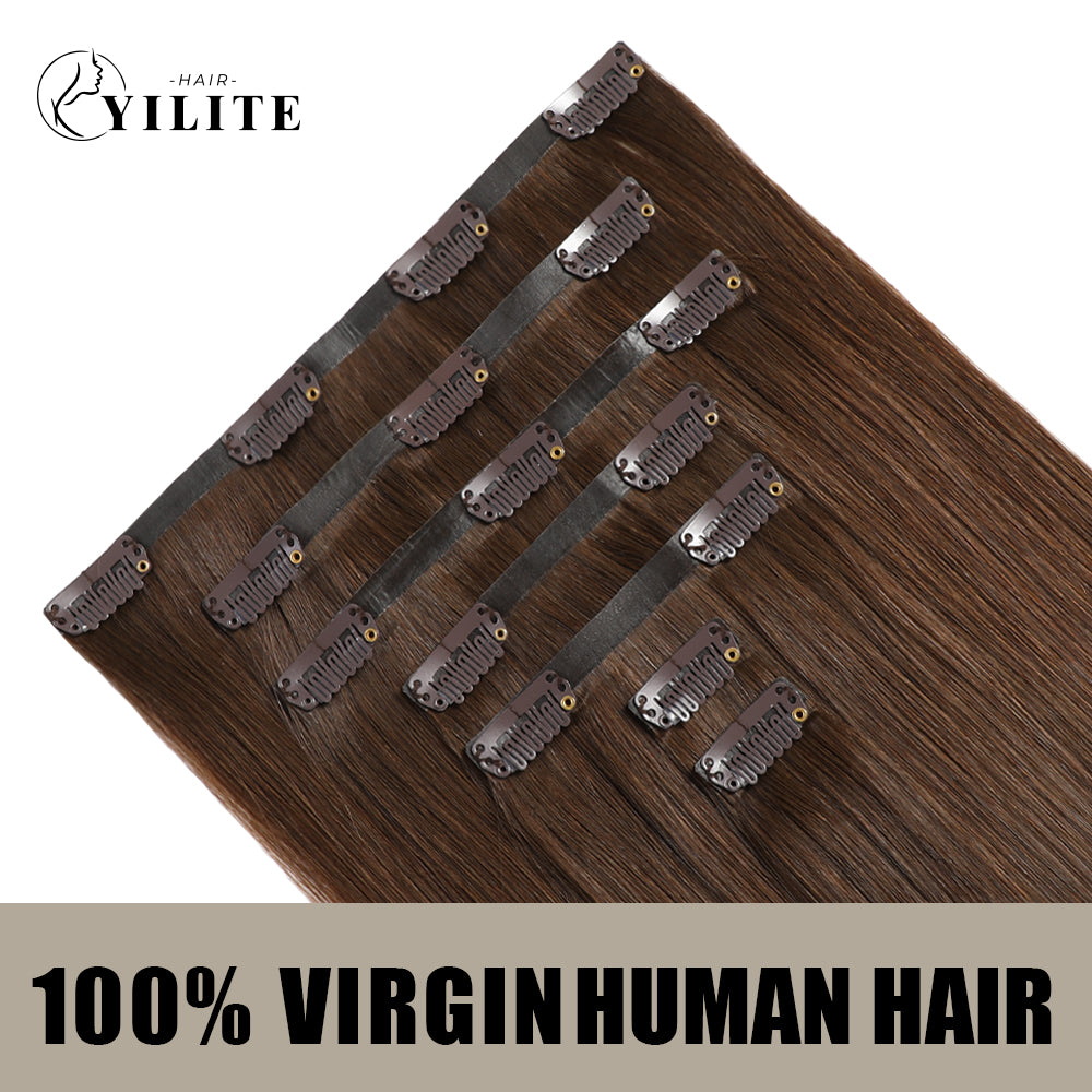 Back View of Seamless Clip Ins 7Pcs 16 Clips Virgin Human Hair (#4) Chocolate Brown