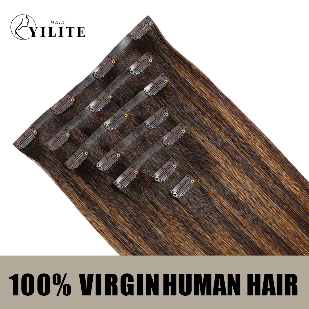 Back View of Seamless Clip Ins 7Pcs 16 Clips Virgin Human Hair (#P2/6/T2) Darkest Brown Balayage