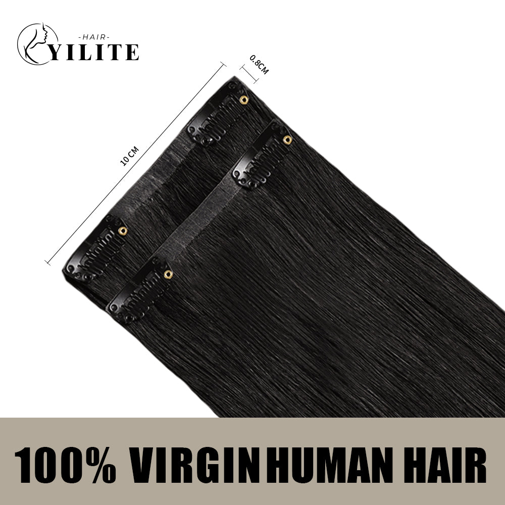 Back View of 2 Clip In Hair Pads with 2 Clips Each, Virgin Human Hair In Color (#1B) Natural Black