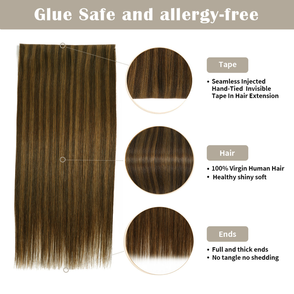 Details of (#P2/6) Darkest Brown Balayage Tape Weft: Seamless Tape, Virgin Hair, Thick Ends