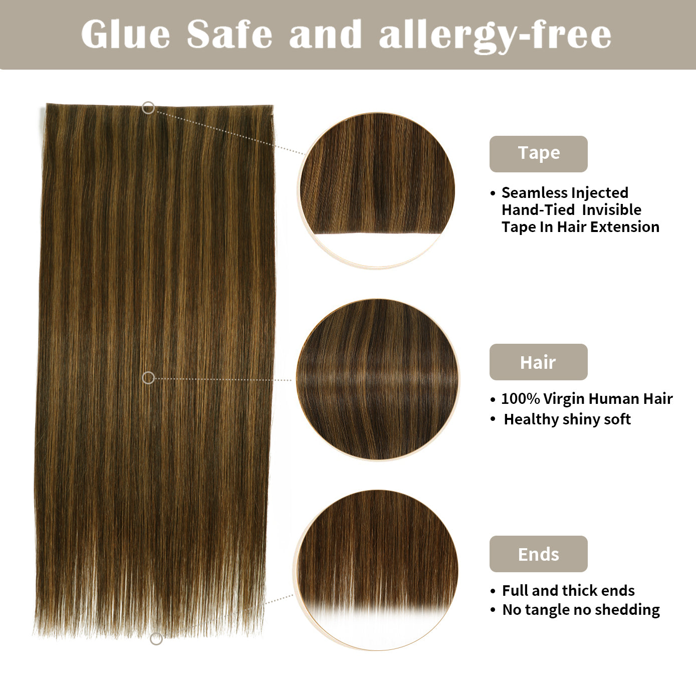 Details of (#P2/6) Darkest Brown Balayage Tape Weft: Seamless Tape, Virgin Hair, Thick Ends