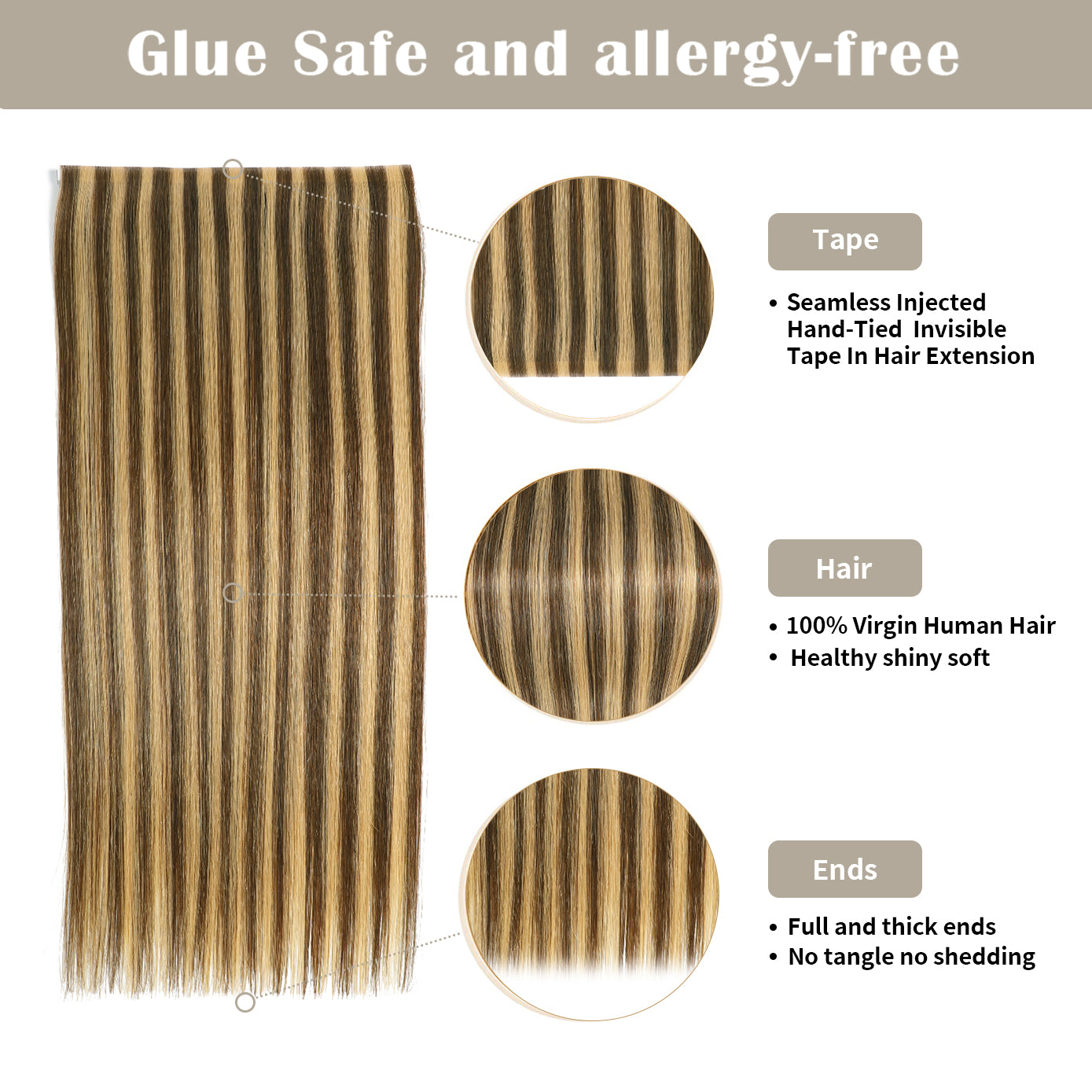 Details of (#P4/27) Tape Weft Hair Extensions: Seamless Tape, Virgin Hair, Thick Ends