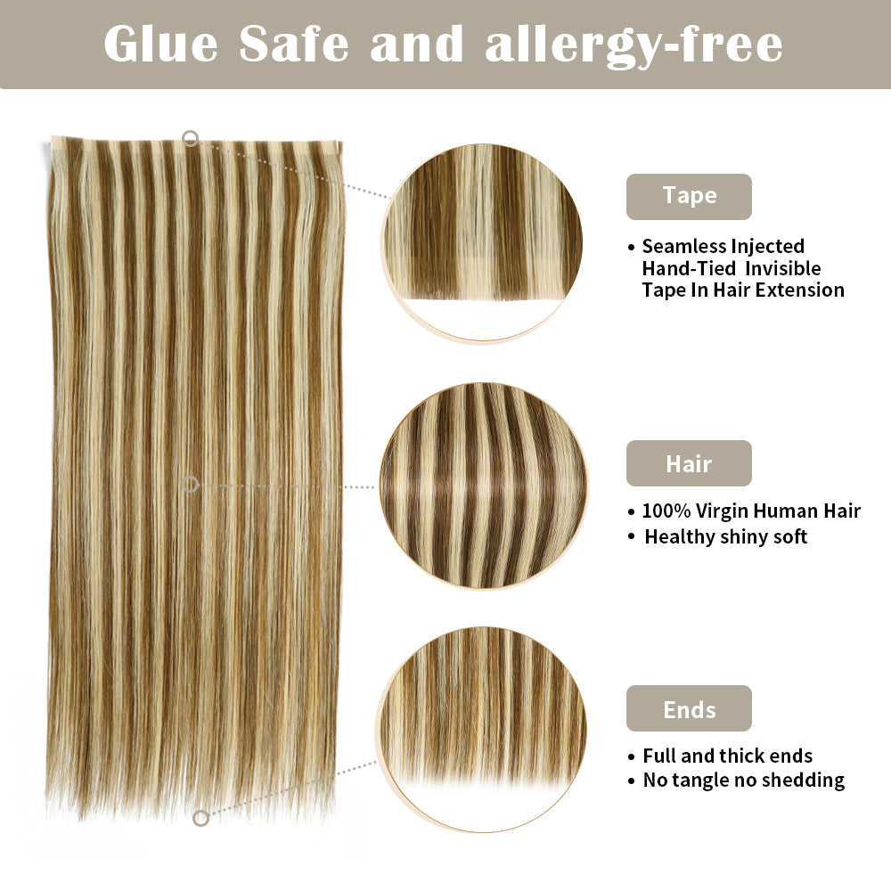 Details of (#P6/613) Tape Weft Hair Extensions: Seamless Tape, Virgin Hair, Thick Ends