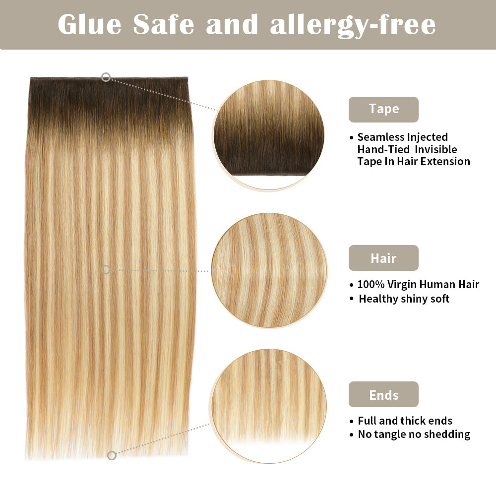 Details of (#T2/P18/60) Tape Weft Hair Extensions: Seamless Tape, Virgin Hair, Thick Ends