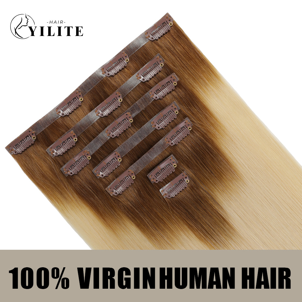 Back View of Seamless Clip Ins 7Pcs Virgin Human Hair (#T8/60) Light Brown to Platinum Blonde