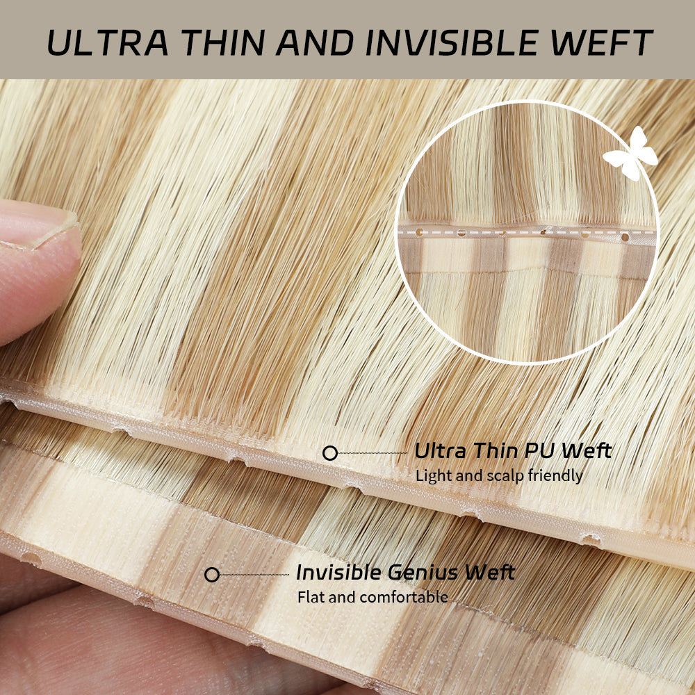 YiliteVip (#P18/613) Ash Blonde Highlights Butterfly Weft Hair Extensions