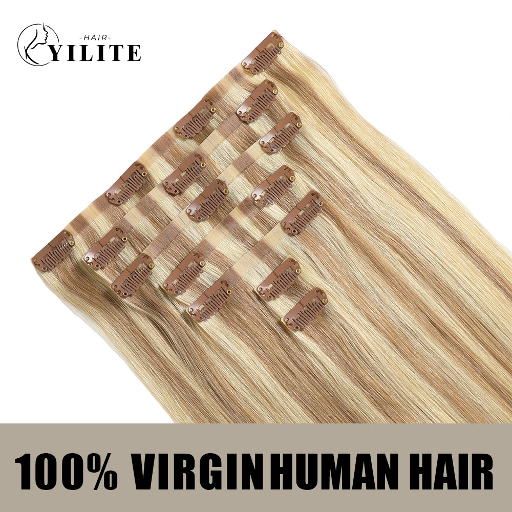 Back View of Seamless Clip Ins  7Pcs 16 Clips Virgin Human Hair (#P18/613) Ash Blonde Highlights