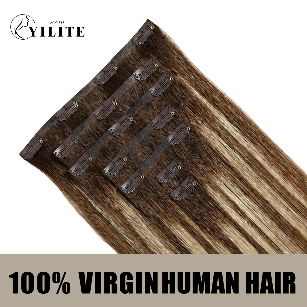Back View of Seamless Clip Ins 7Pcs Virgin Human Hair (#P6/613/T4) Brown to Blonde Balayage