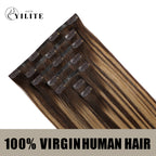 Back View of Seamless Clip Ins Virgin Human Hair (#P4/27/T4) Chocolate Brown to Caramel Blonde